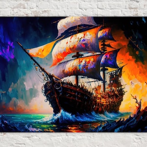 Haunted Pirate Ship, Colorful Painting Canvas, Fun Kids Room Wall Art