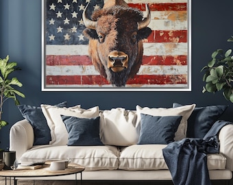 Patriotic Bison with American Flag Canvas Print, Framed or Unframed, Gallery-wrapped Giclée, Ready to Hang, Extra Large Wall Art