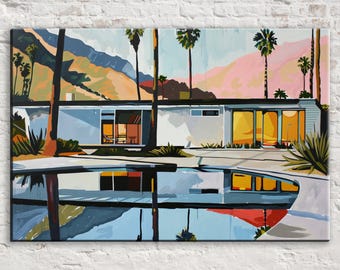 Retro Palm Springs House, Mid-century Modern, Giclée Print on Gallery-wrapped Artist Canvas, Ready to Hang, Available in Extra Large Sizes
