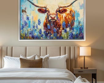 Western Texas Longhorn in Bluebonnets Canvas Art, Framed Unframed, Gallery-wrapped Giclée, Ready to Hang, Extra Large Wall Art