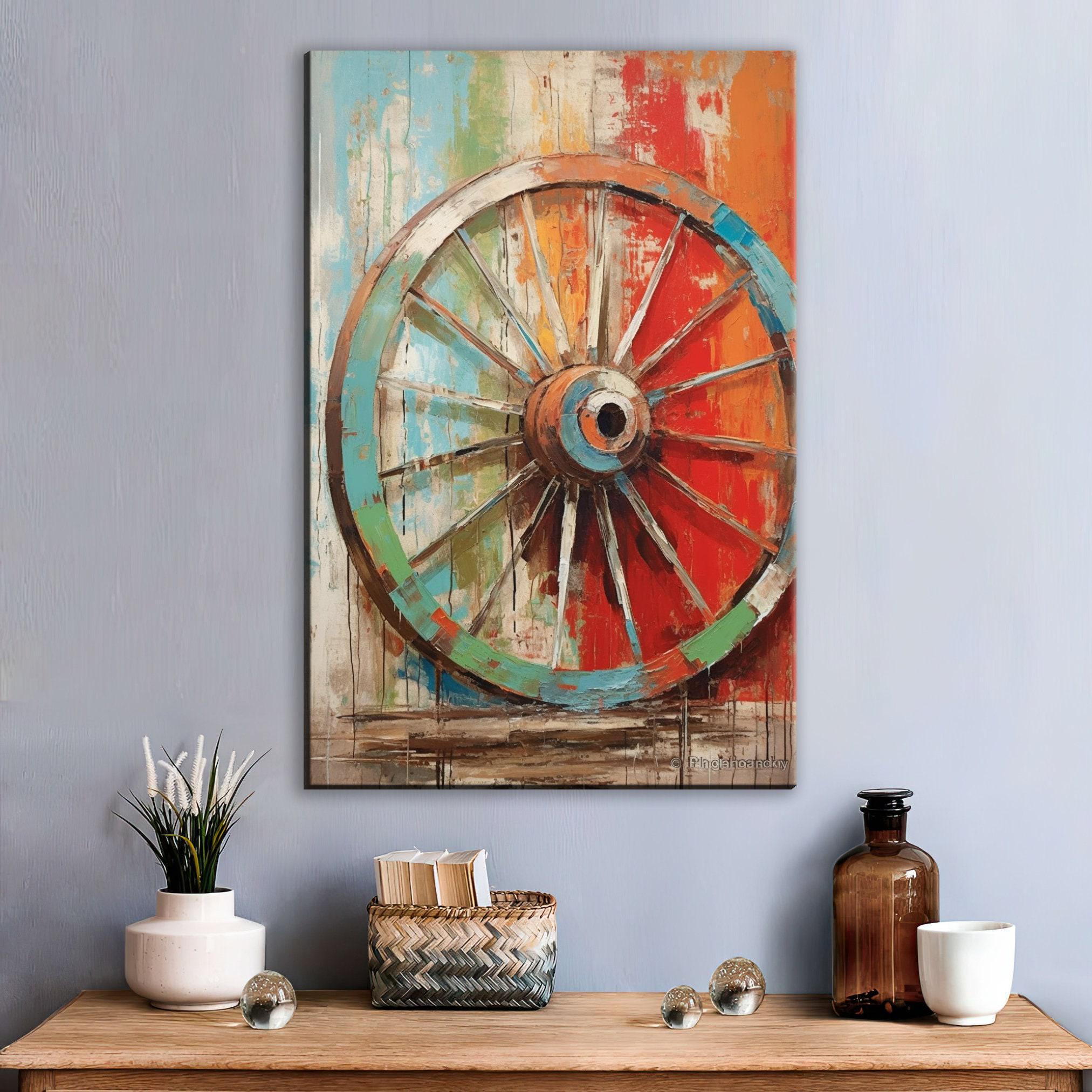 Rustic Elegance: Wagon Wheel Wall Art, Giclee Print on Gallery-wrapped