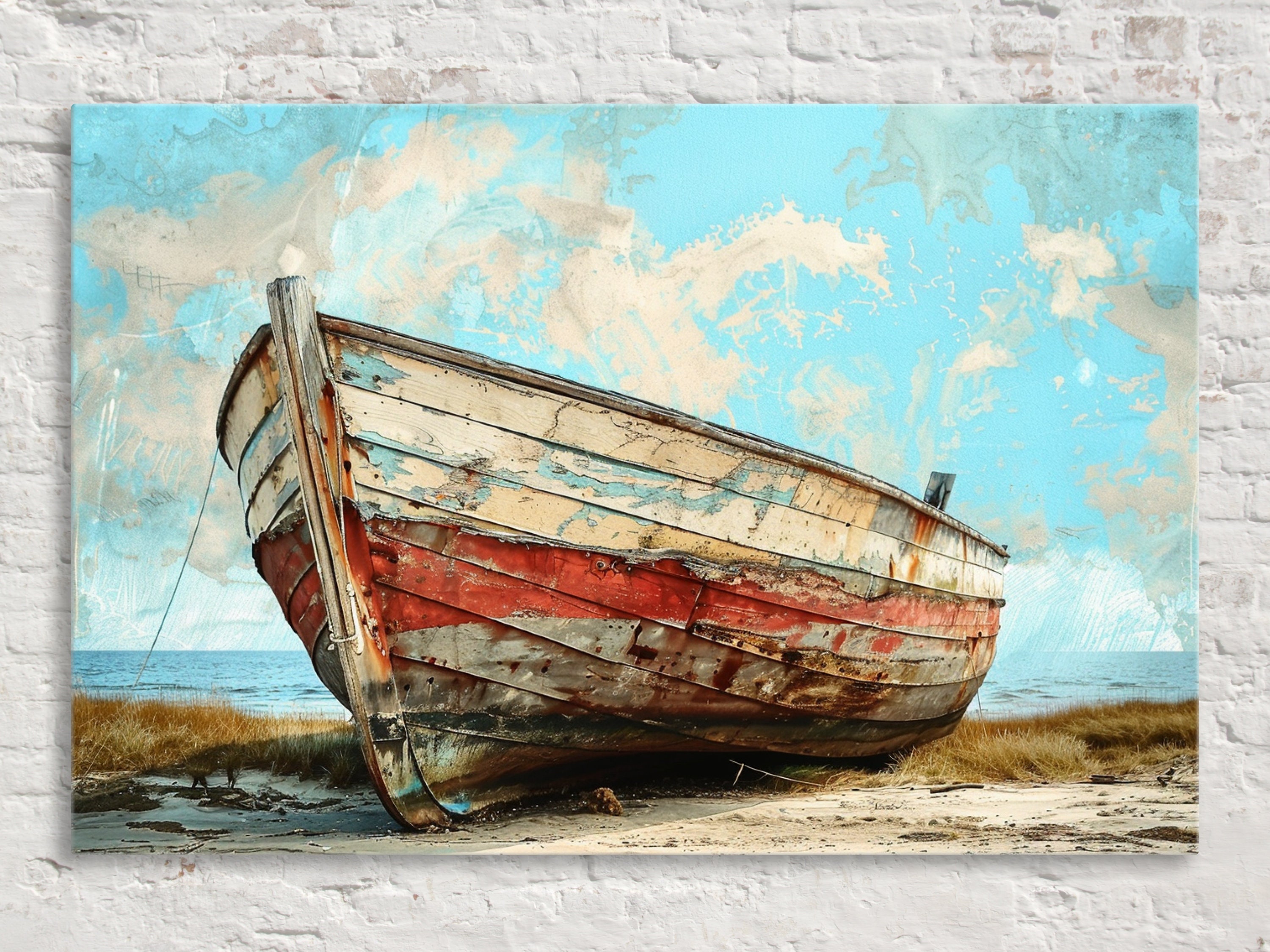 Vintage Red and White Wooden Boat Wall Art, Giclee Print on