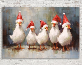 Feathered Friends in Santa Hats - Festive Holiday Chickens, Christmas Farm Decor, Print on Gallery-wrapped Canvas, Extra Large Sizes