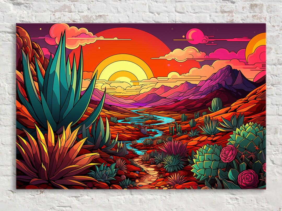 Tranquil Oasis: Agave Desert Illustration, Canvas Wall Art, Southwest ...