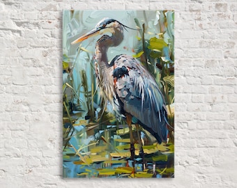 Blue Heron Riverbank Scene Painting, Blue and Green, Giclee on Gallery-wrapped Artist Canvas, Ready to Hang, Available in Extra Large Sizes