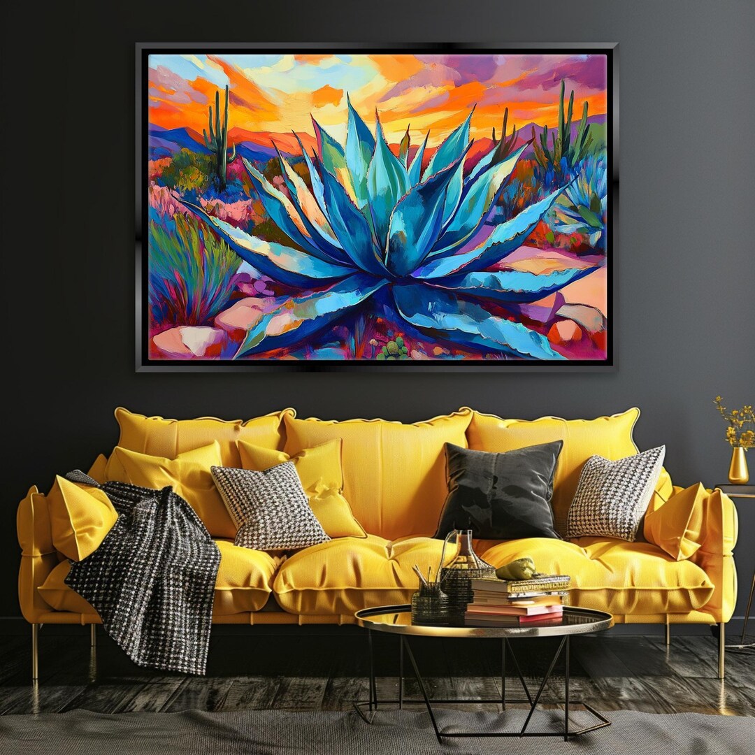 Blue Agave Wall Art Canvas Print, Modern Boho Desert Landscape | Framed ...