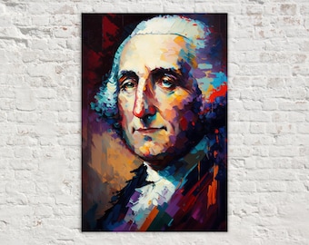 May include: A colorful portrait of George Washington, rendered in an abstract style with bold brushstrokes. The artwork features a vibrant palette of blues, yellows, reds, and purples, creating a striking visual effect. The subject's face is the focal point, with details like his hair and clothing adding depth.