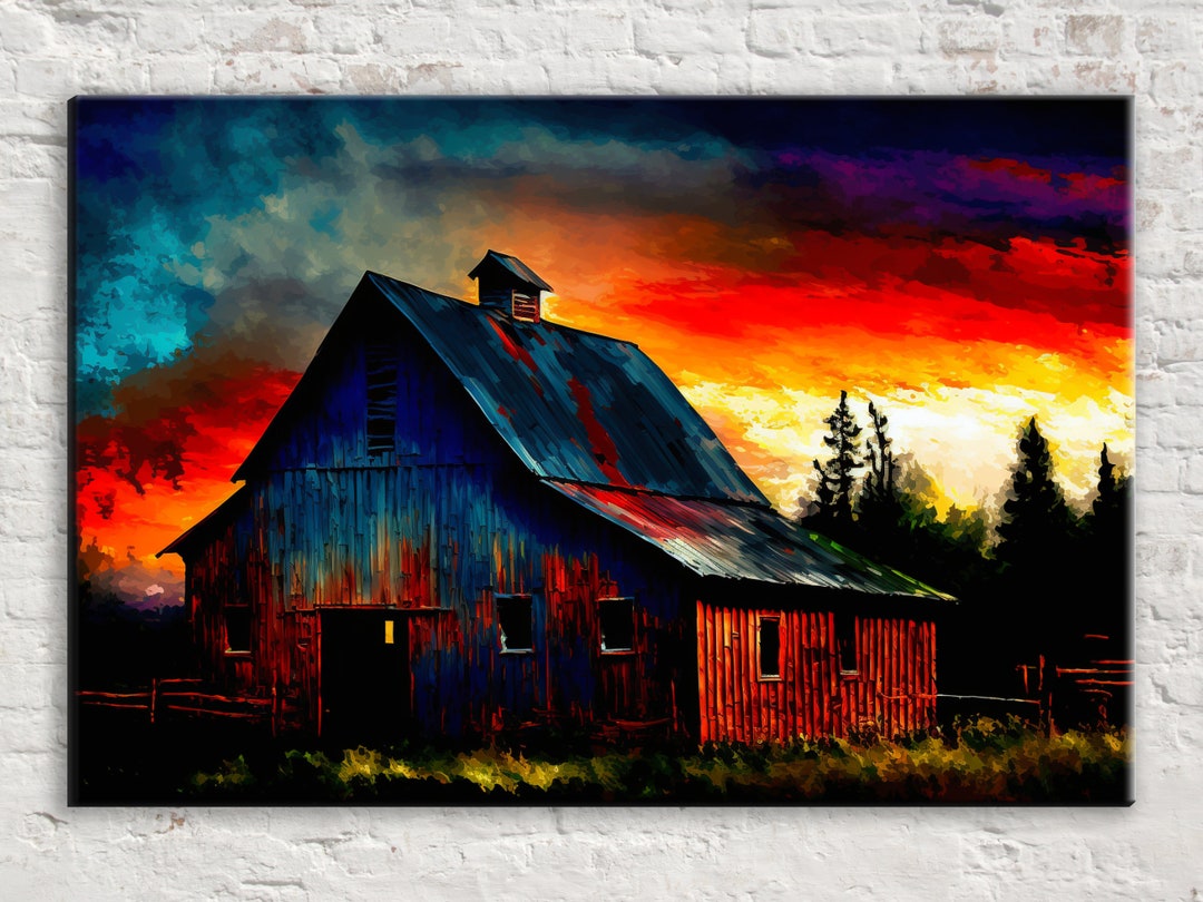 Farm Landscape Canvas Art, Vintage Farmhouse Wall Art, Rural Painting