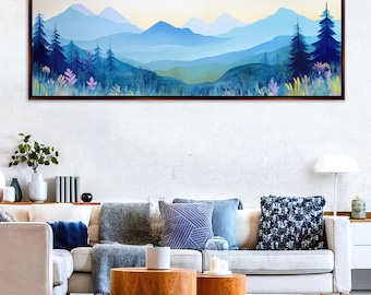 Panoramic Mid-Century Boho Mountain Landscape Canvas, Framed Unframed, Long Horizontal Gallery-wrapped, Ready to Hang, Extra Large Wall Art