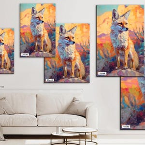 The image is a collage of six paintings featuring a fox in various poses and settings, including a desert landscape. The paintings are arranged on a wall, with a white couch and a coffee table in the foreground.