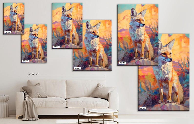 The image is a collage of six paintings featuring a fox in various poses and settings, including a desert landscape. The paintings are arranged on a wall, with a white couch and a coffee table in the foreground.