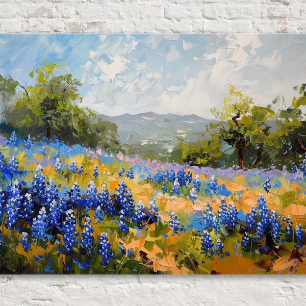 Lone Star Blooms: Texas Bluebonnet Field Art, Giclee Print on Gallery-wrapped Artist Canvas, Ready to Hang, Available in Extra Large Sizes