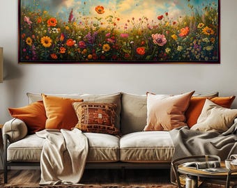 Wildflower Meadow Panoramic Boho Canvas, Framed or Unframed, Long Horizontal Gallery-wrapped Giclée, Ready to Hang, Extra Large Wall Art