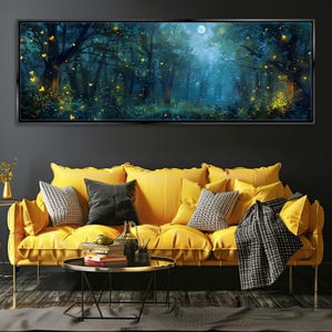 Enchanted Firefly Forest Wide Panoramic Canvas Print, Framed Unframed, Long Horizontal Gallery-wrapped, Ready to Hang, Extra Large Wall Art