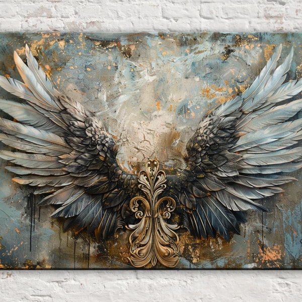 Gold and Blue Angel Wings Wall Art, Ornate Feathers, Print on Gallery-wrapped Artist Canvas, Ready to Hang, Available in Extra Large Sizes