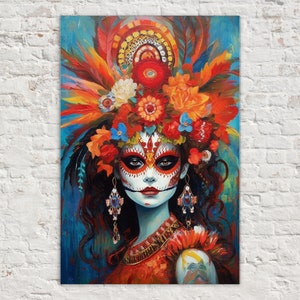 Exquisite Day of the Dead Woman Art Print, Mexican Folklore Decor, Dia De Los Muertos Painting, Sugar Skull Woman, Large Canvas Wall Art
