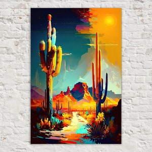 Neon Desert Canvas Print, Modern Southwest Artwork, Colorful Saguaro Landscape Giclee Art Print