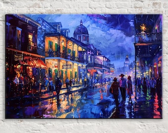 New Orleans Painting: Vibrant Purple Rain - French Quarter Night Scene, Giclee Canvas, Framed or Unframed Wall Art