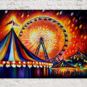 Circus Canvas Wall Art, Carnival Painting Print, Colorful Home Decor, Ferris Wheel Giclee, Large Canvas Print