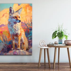 a large painting of a fox on the wall, with a wooden table and a potted plant in the foreground.