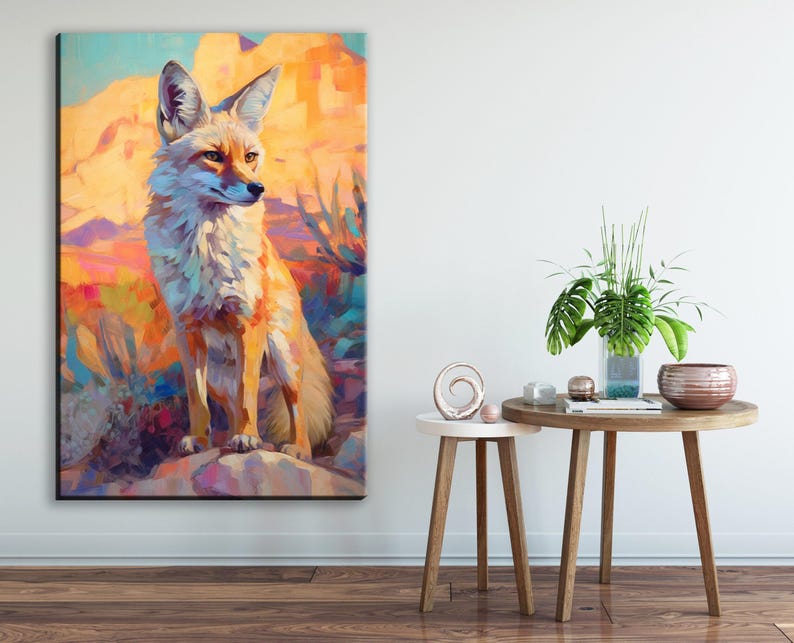 a large painting of a fox on the wall, with a wooden table and a potted plant in the foreground.