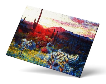 Desert Sunset, Southwest Canvas Print, Cactus Painting, Nature Wildlife Wall Art, Impressionist Art