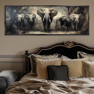 Stunning Elephant Herd Panoramic Canvas Print, Framed Unframed, Long Horizontal Gallery-wrapped Giclée, Ready to Hang, Extra Large Wall Art