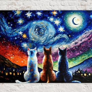 Starry Night Cats Canvas, Cute Cats Painting Reproduction, Vibrant Colorful Art