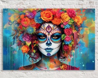 Leinwandbild „Tag der Toten: Zuckerschädel“, florale Calavera-Frau | Gerahmt oder ungerahmt, fertig zum Aufhängen, auch in extra großen Größen erhältlich
