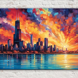 Chicago Sunset Canvas, Chicago Skyline Wall Art, Urban Cityscape Decor, Large Canvas Art
