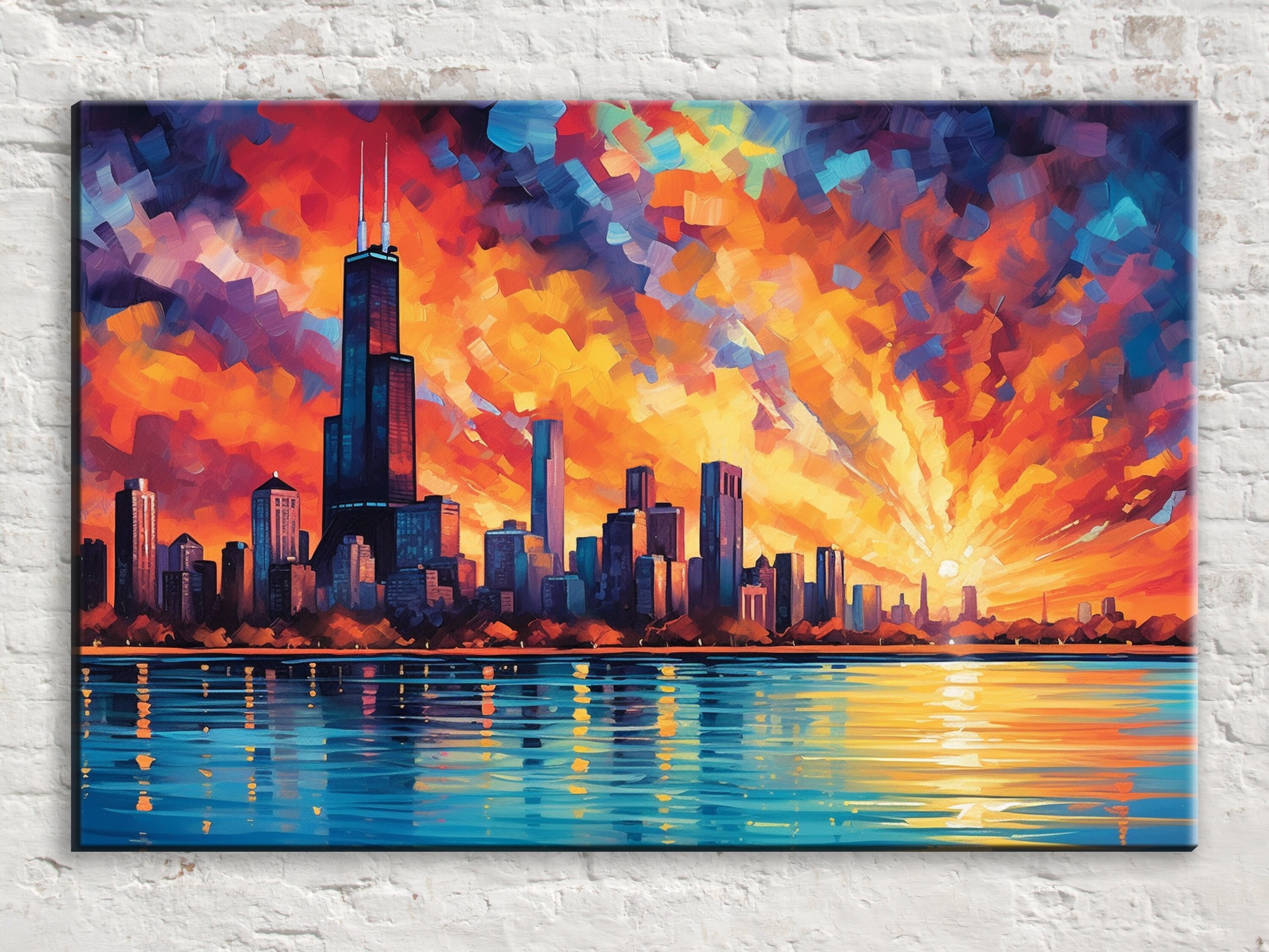 Abstract Contemporary Landscape Art Painting - Original Artwork – Chicago  Skyline Art