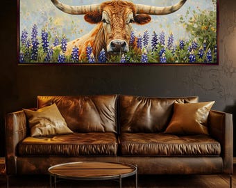 Texas Longhorn in Bluebonnet Field Panoramic Canvas Art, Rustic Lone Star Decor | Framed or Unframed, Ready to Hang, In Extra Large Sizes