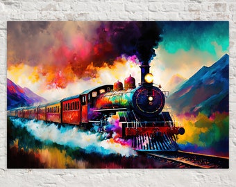 Train Art Print, Locomotive Canvas Painting, Colorful Art, Giclee Canvas Art Print