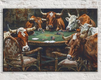 Texas Longhorn Pokerspiel-Leinwandbild, Wandbild für Spielzimmer, Westernkunst, Galeriefertig gerahmt, sofort aufhängefertig, auch in extra großen Größen erhältlich