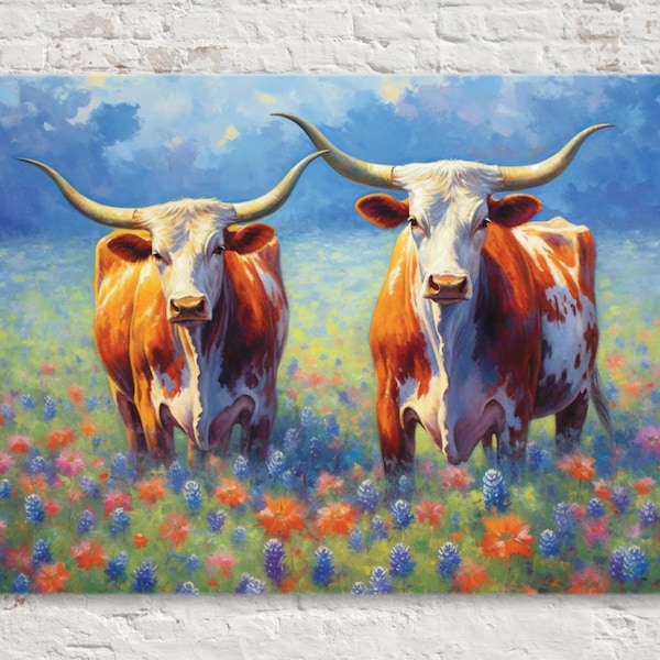 Texas Longhorns in a Bluebonnet Field, Western Canvas Wall Art, Lone Star State Decor, Texas scenery, Western theme, Large Canvas Art