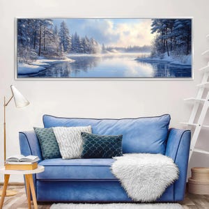 Peaceful Winter Lake Panoramic Landscape Canvas, Framed Unframed, Long Horizontal Gallery-wrapped, Ready to Hang, Extra Large Wall Art
