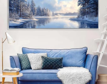 Peaceful Winter Lake Panoramic Landscape Canvas, Framed Unframed, Long Horizontal Gallery-wrapped, Ready to Hang, Extra Large Wall Art