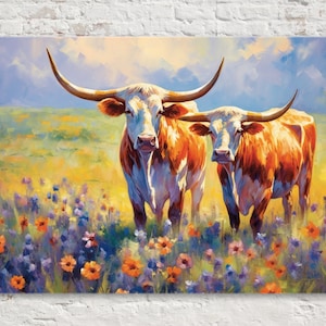 Pair of Texas Longhorns, Exquisite Canvas Print, Texas Heritage Painting, Western Decor, Large Canvas Art