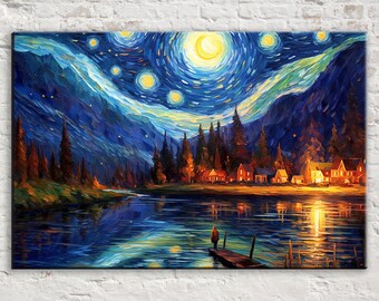 Starry Night Lake House at Night Wall Art, Giclée Print on Gallery-wrapped Artist Canvas, Ready to Hang, Available in Extra Large Sizes