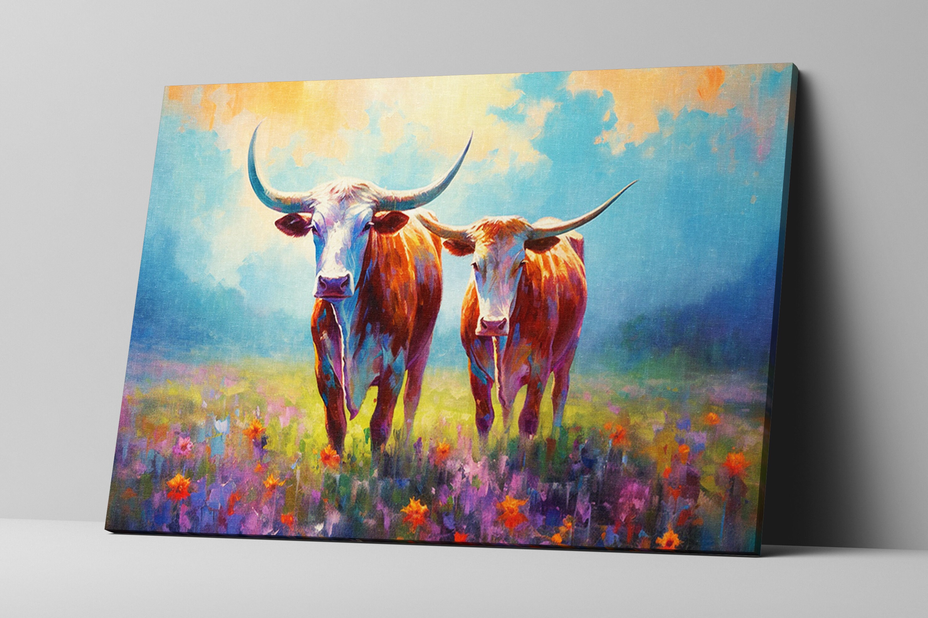 Wandbild Longhorn Kuh Mit Vögeln – Leinwanddruck 101x50 Cm, Rustikal, Für Wohnzimmer & Bauernhof-Stil