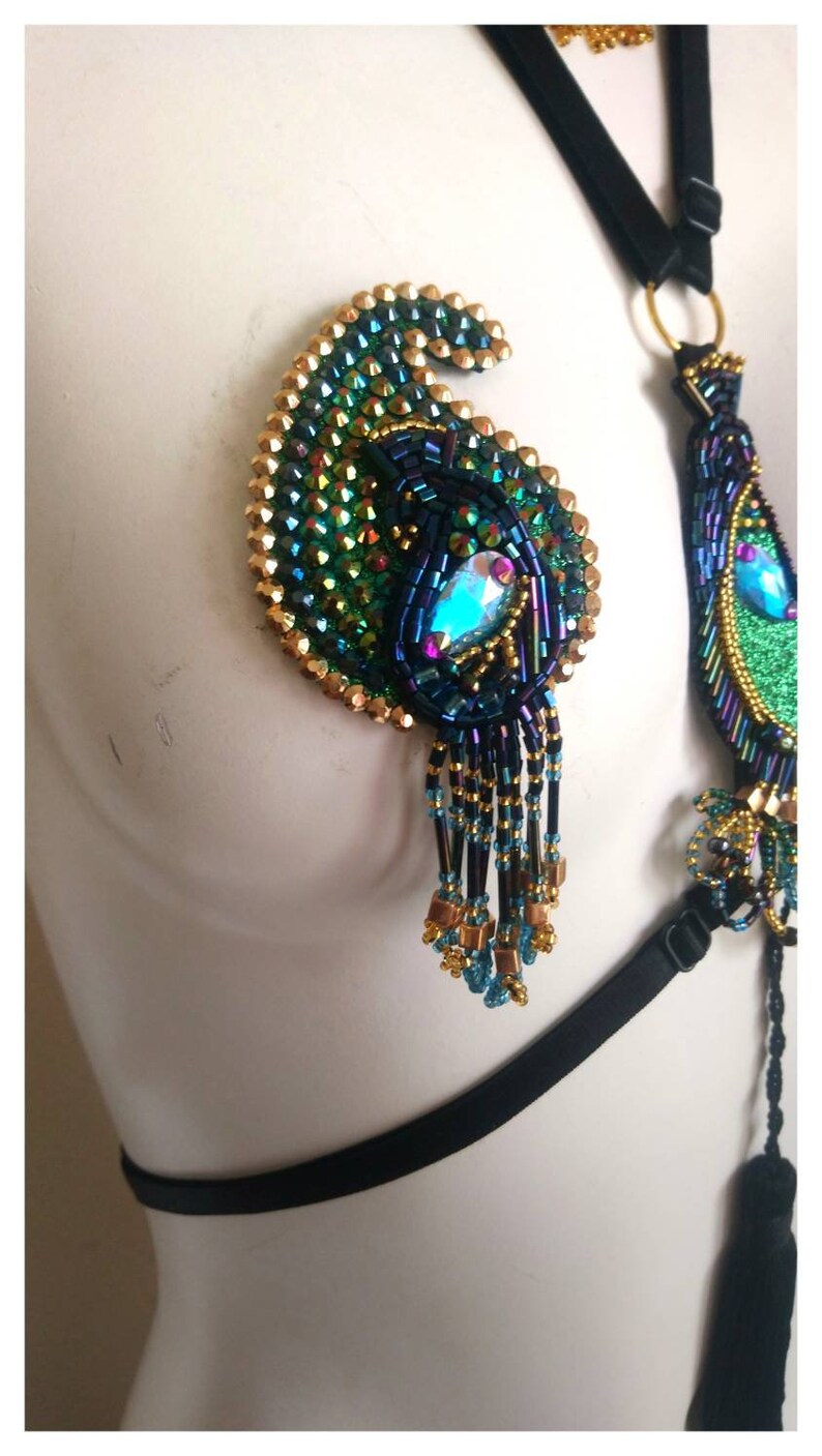 3 Piece Burlesque Peacock Nipple Tassels and Body Harness Set Etsy UK
