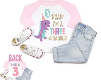 Three-a-saurus shirt,  girl dinosaur birthday , 3rd birthday shirt, girl dinosaur birthday shirt, dinosaur girl party, dinosaur birthday