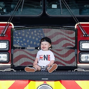 Firetruck fireman firefighter one party theme first boy birthday fire truck shirt, boy birthday shirt, fireman shirt, firetruck shirt
