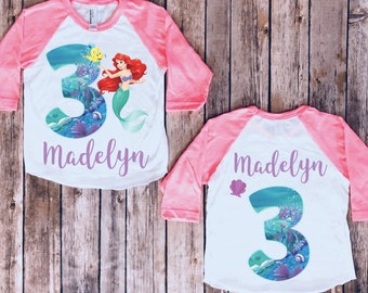 Birthday T-shirt personalised Ariel LITTLE MERMAID inspired girls//kids//childrens