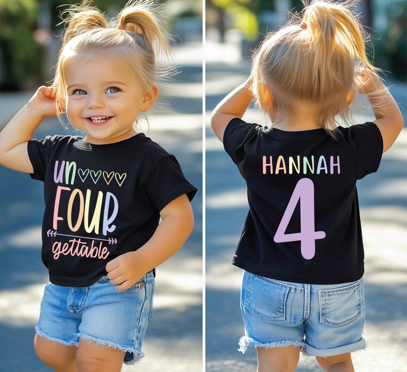Girls un four gettable 4th birthday shirt, 4th birthday party, fourth birthday , rainbow shirt, custom birthday tank, cute girls shirt BLACK