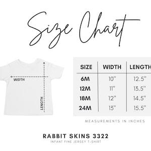 May include: A size chart for a Rabbit Skins 3322 infant fine jersey t-shirt. The graphic shows a white t-shirt outline with width and length arrows, and a table listing sizes 6M, 12M, 18M, and 24M with corresponding measurements in inches.