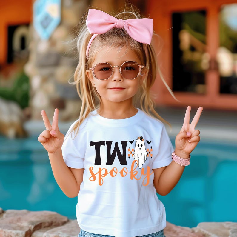 Pu&ograve; includere: Una bambina indossa una maglietta bianca con le parole "TWOs Spooky" in nero e arancione. La maglietta presenta una grafica di fantasmi e piccoli pipistrelli. La bambina indossa anche occhiali da sole rotondi, un fiocco rosa e un braccialetto rosa.