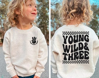 Young wild and three, Boys 3rd third birthday, birthday sweatshirt, boy birthday shirt, 3 year old birthday shirt, 3rd birthday gift boy