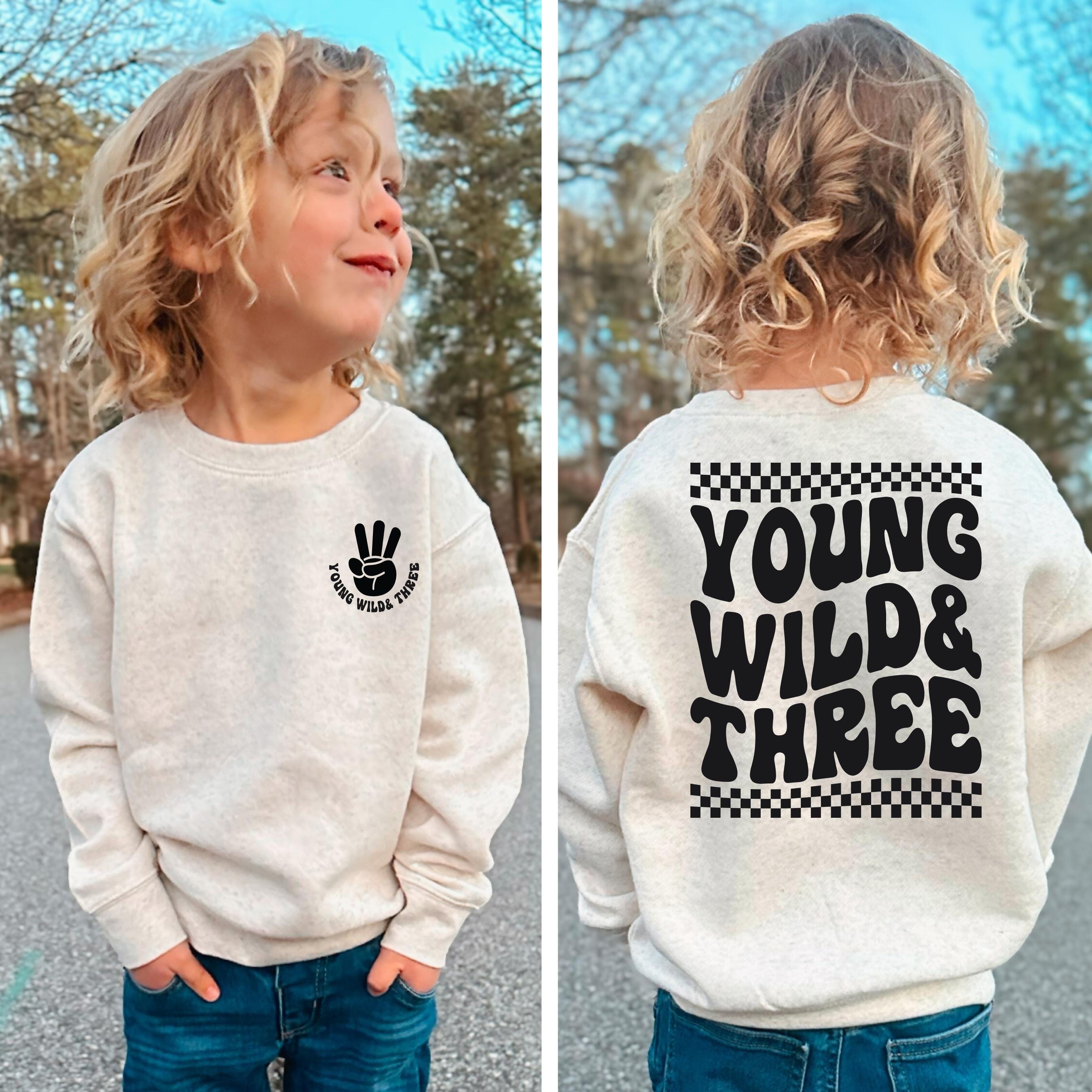Young wild and three, Boys 3rd third birthday, birthday sweatshirt, boy birthday shirt, 3 year old birthday shirt, 3rd birthday gift boy