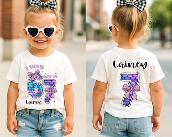 Mermaid Birthday Shirt Girl, I Was 6 Now I’m 7 Birthday Shirt, Personalized Mermaid Birthday Tee, Trendy Girls Birthday Outfit, Purple Bow